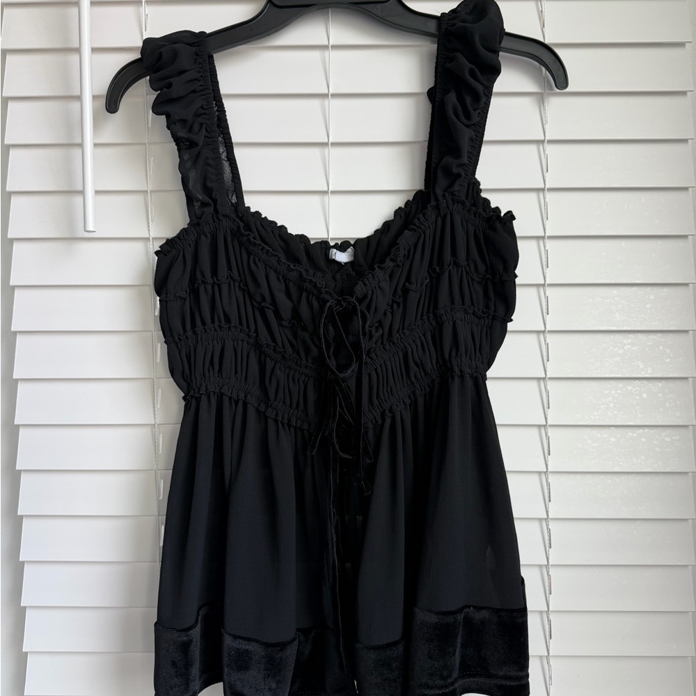 Kimchi Blue Elegant Black Ruched Top with Tie Front and Velvet Trim